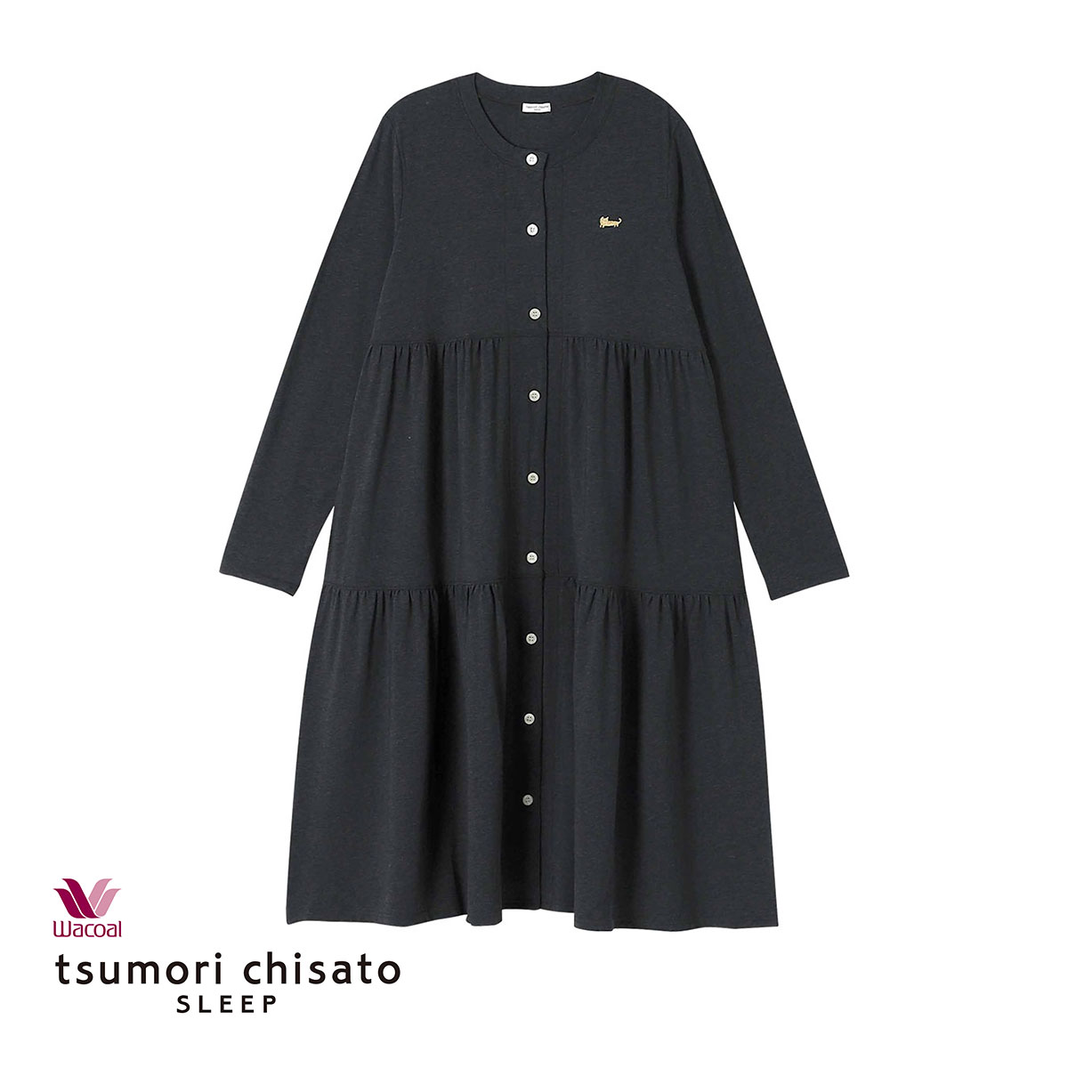 ワコール Wacoal ツモリチサト tsumori chisato SLEEP パジャマ ワンピース ルームウェア 前開き ティアード ネグリジェ(BK-ブラック-M)