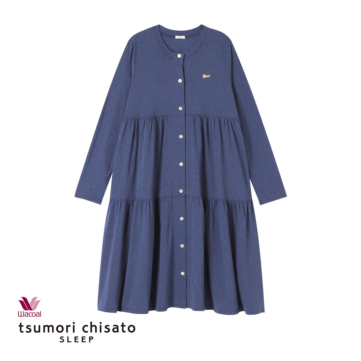 ワコール Wacoal ツモリチサト tsumori chisato SLEEP パジャマ ワンピース ルームウェア 前開き ティアード ネグリジェ(NV-ネイビー-M)
