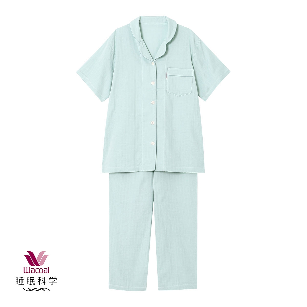 ワコール Wacoal 睡眠科学 シャツパジャマ 上下セット レディース 5分袖 半袖 前開き 2重ガーゼ 綿100％(GR-グリーン-M)
