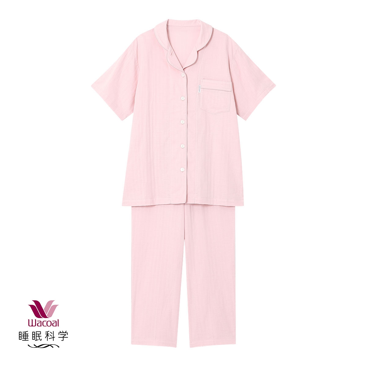 ワコール Wacoal 睡眠科学 シャツパジャマ 上下セット レディース 5分袖 半袖 前開き 2重ガーゼ 綿100％(PI-ピンク-M)