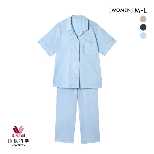 ワコール 睡眠科学 レディース シャツパジャマ 5分袖 半袖 上下セット 綿100％ やわらかキープ Wacoal