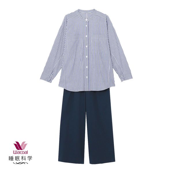 ワコール Wacoal 睡眠科学 レディース シャツパジャマ 長袖 上下セット ストライプ 寝返りしやすい 綿混 YDX509