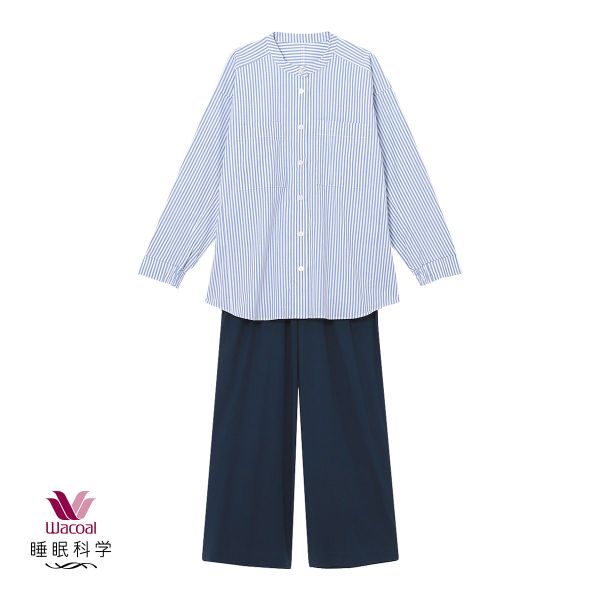 ワコール Wacoal 睡眠科学 レディース シャツパジャマ 長袖 上下セット ストライプ 寝返りしやすい 綿混 YDX509