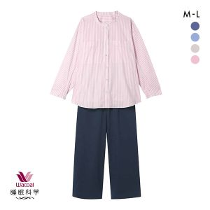 ワコール Wacoal 睡眠科学 レディース シャツパジャマ 長袖 上下セット ストライプ 寝返りしやすい 綿混 YDX509