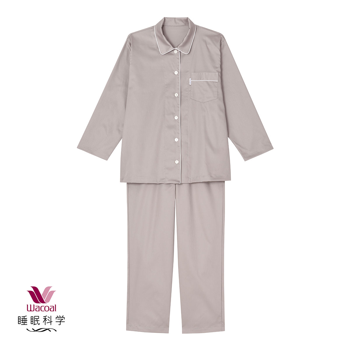 ワコール Wacoal 睡眠科学 レディース 綿サテン シャツ パジャマ 長袖 上下セット 綿100％ コットン(BE-ベージュ-S)
