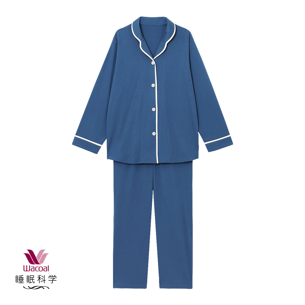 ワコール Wacoal 睡眠科学 レディース 綿100％ シャツパジャマ 長袖 上下セット スムース コットン ML ルームウェア パジャマ(BU-ブルー-M)