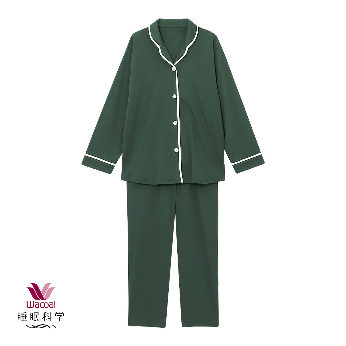 ワコール Wacoal 睡眠科学 レディース 綿100％ シャツパジャマ 長袖 上下セット スムース コットン ML ルームウェア パジャマ(GR-グリーン-M)