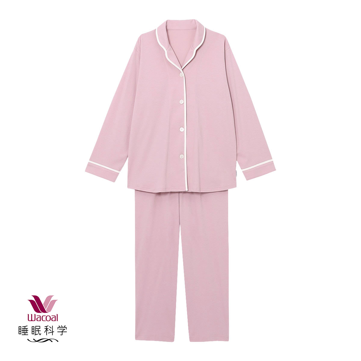 ワコール Wacoal 睡眠科学 レディース 綿100％ シャツパジャマ 長袖 上下セット スムース コットン ML ルームウェア パジャマ(PI-ピンク-M)
