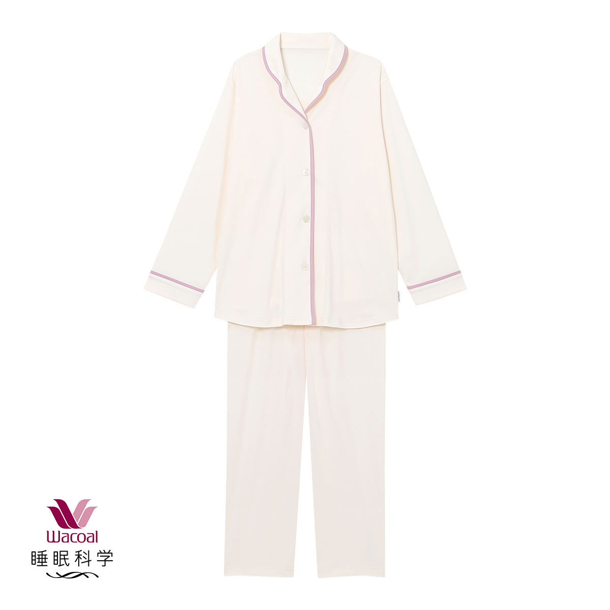 ワコール Wacoal 睡眠科学 レディース 綿100％ シャツパジャマ 長袖 上下セット スムース コットン ML ルームウェア パジャマ(WH-ホワイト-M)