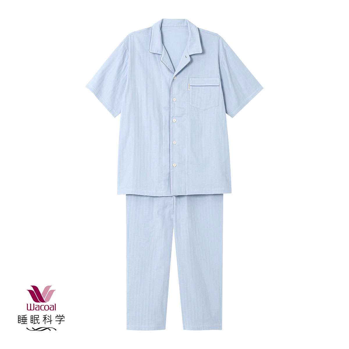 ワコール Wacoal 睡眠科学 シャツパジャマ 上下セット メンズ 5分袖 半袖 前開き 2重ガーゼ 綿100％(BU-ブルー-M)