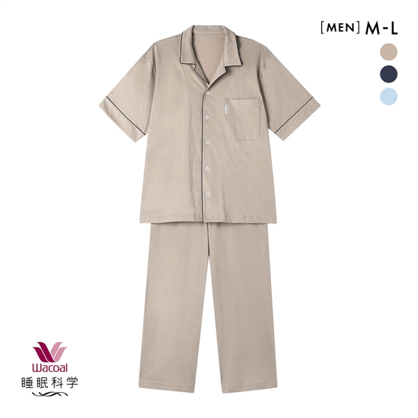 ワコール 睡眠科学 メンズ シャツパジャマ 5分袖 半袖 上下セット 綿100％ やわらかキープ Wacoal