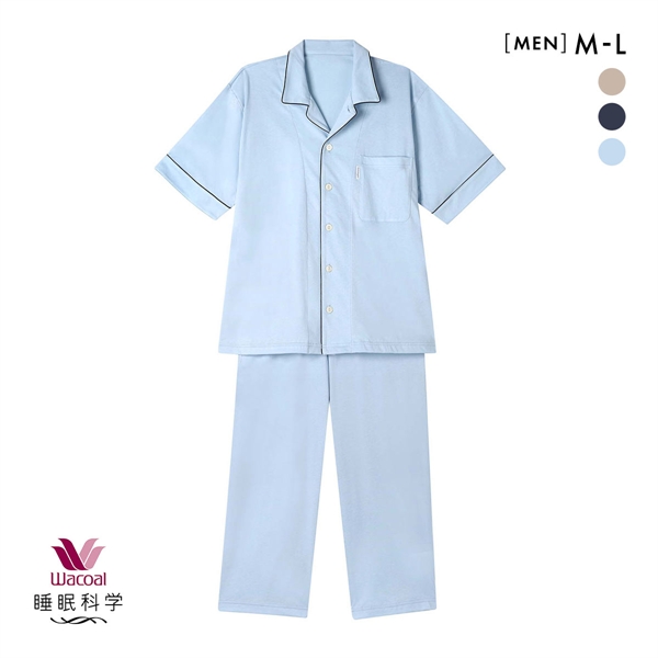 ワコール 睡眠科学 メンズ シャツパジャマ 5分袖 半袖 上下セット 綿100％ やわらかキープ Wacoal