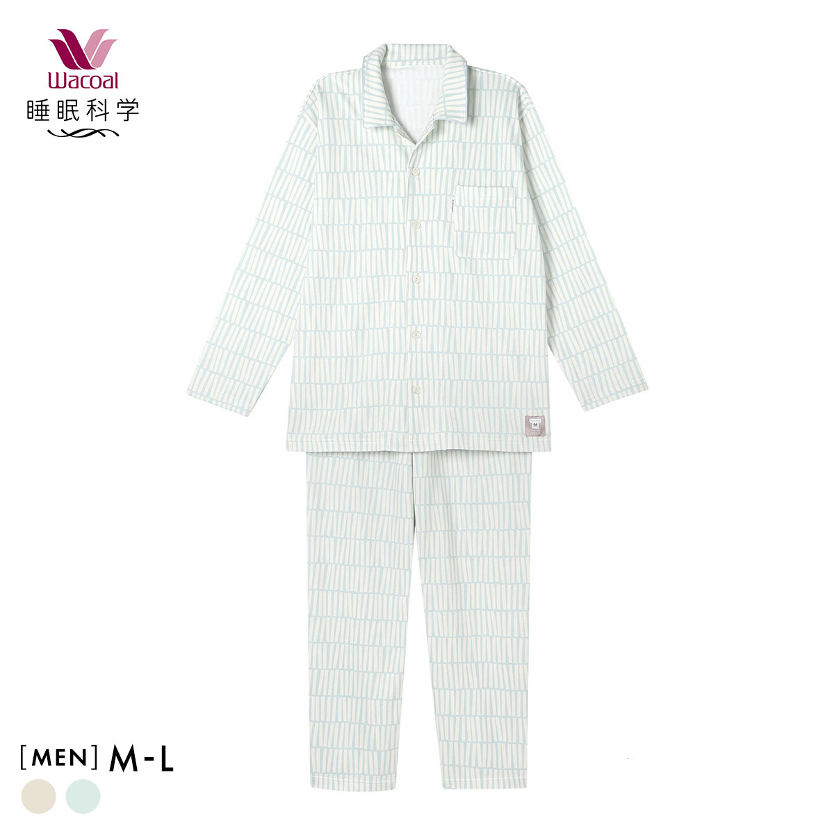 ワコール 睡眠科学 メンズ シャツパジャマ 長袖 上下セット あったか SOU・SOU柄 Wacoal(GR-グリーン-M)