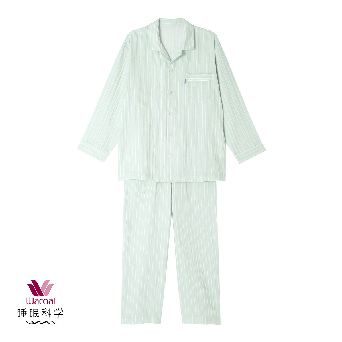 ワコール Wacoal 睡眠科学 紳士用 二重ガーゼ シャツパジャマ 前開き 綿100％(GR-グリーン-M)