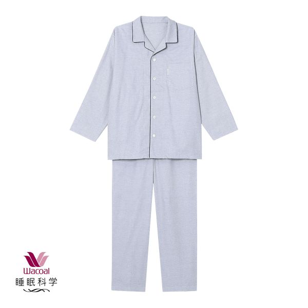 ワコール Wacoal 睡眠科学 メンズ 綿100％ シャツパジャマ 長袖 上下セット コットン 紳士用 ML(NV-ネイビー-M)