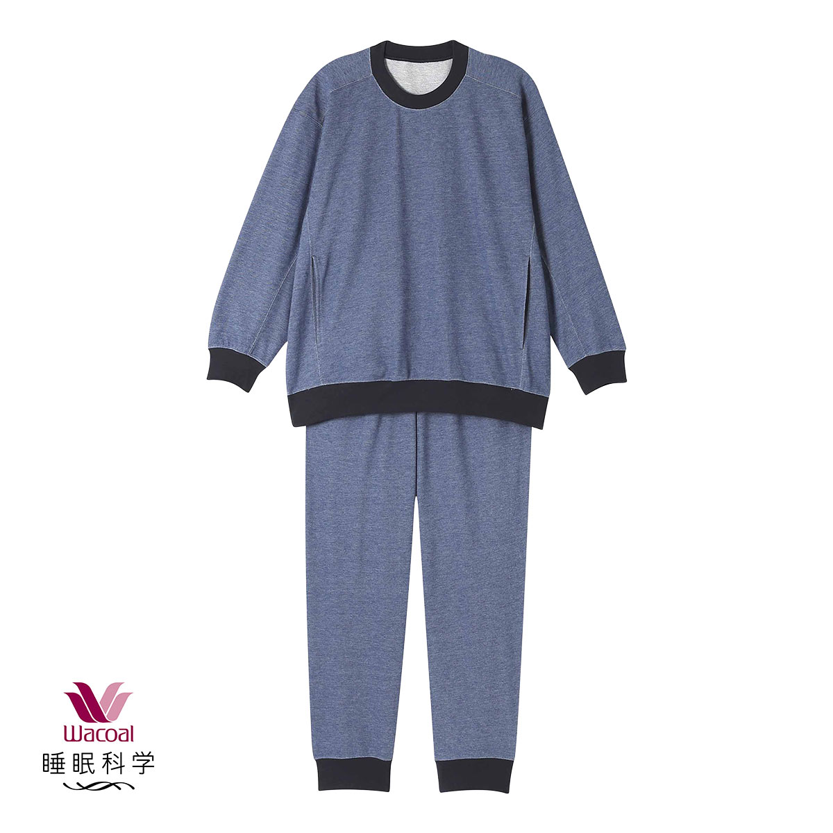 ワコール Wacoal 睡眠科学 メンズ ルームウェア パジャマ 上下セット 長袖 デニム調 綿混 紳士用 ML 寝返りしやすい YGX599(BU-ブルー-M)