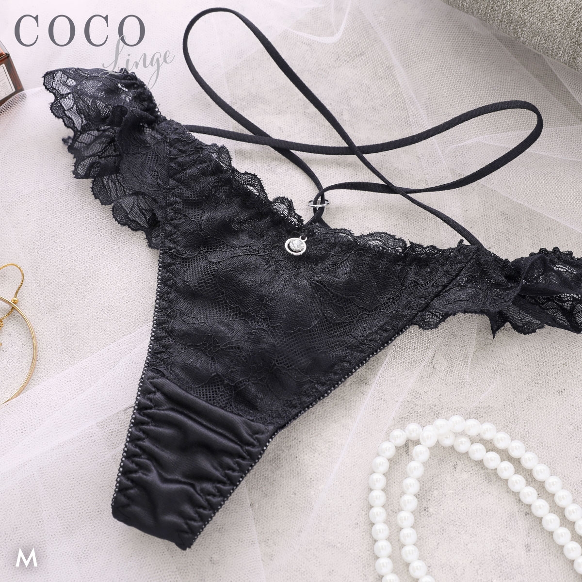 ココランジェ シアーヴェールレース Tバック ショーツ ストリング COCO Linge(BK-ブラック-M)