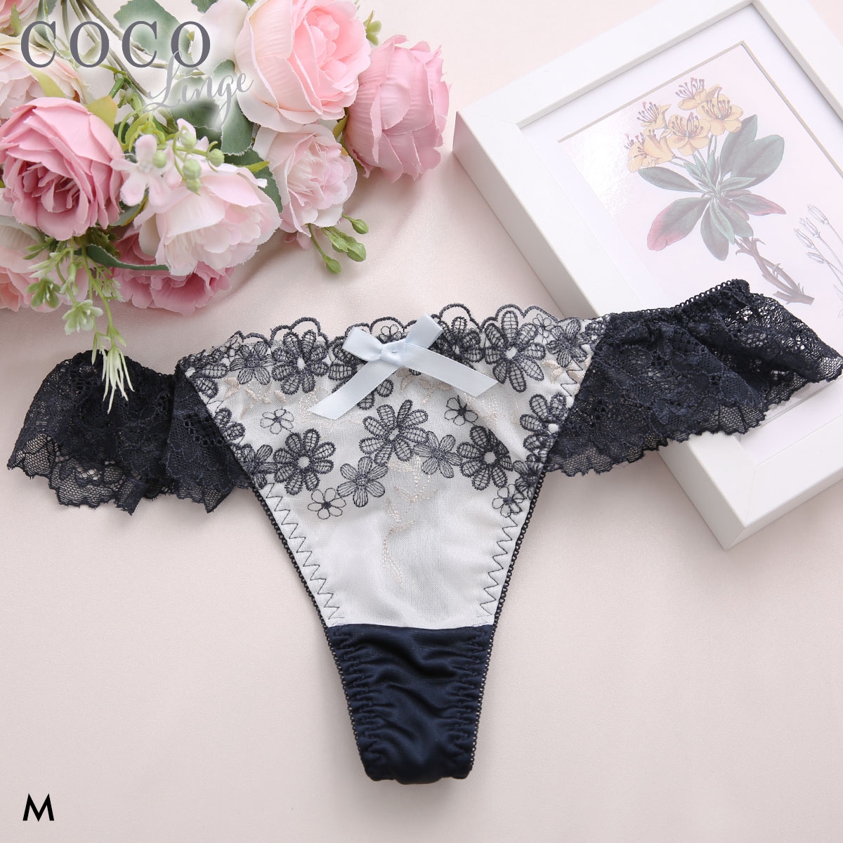 ココランジェ ファンシーブロッサム Tバック ショーツ 単品 バックレース COCO Linge(NV-ネイビー-M)