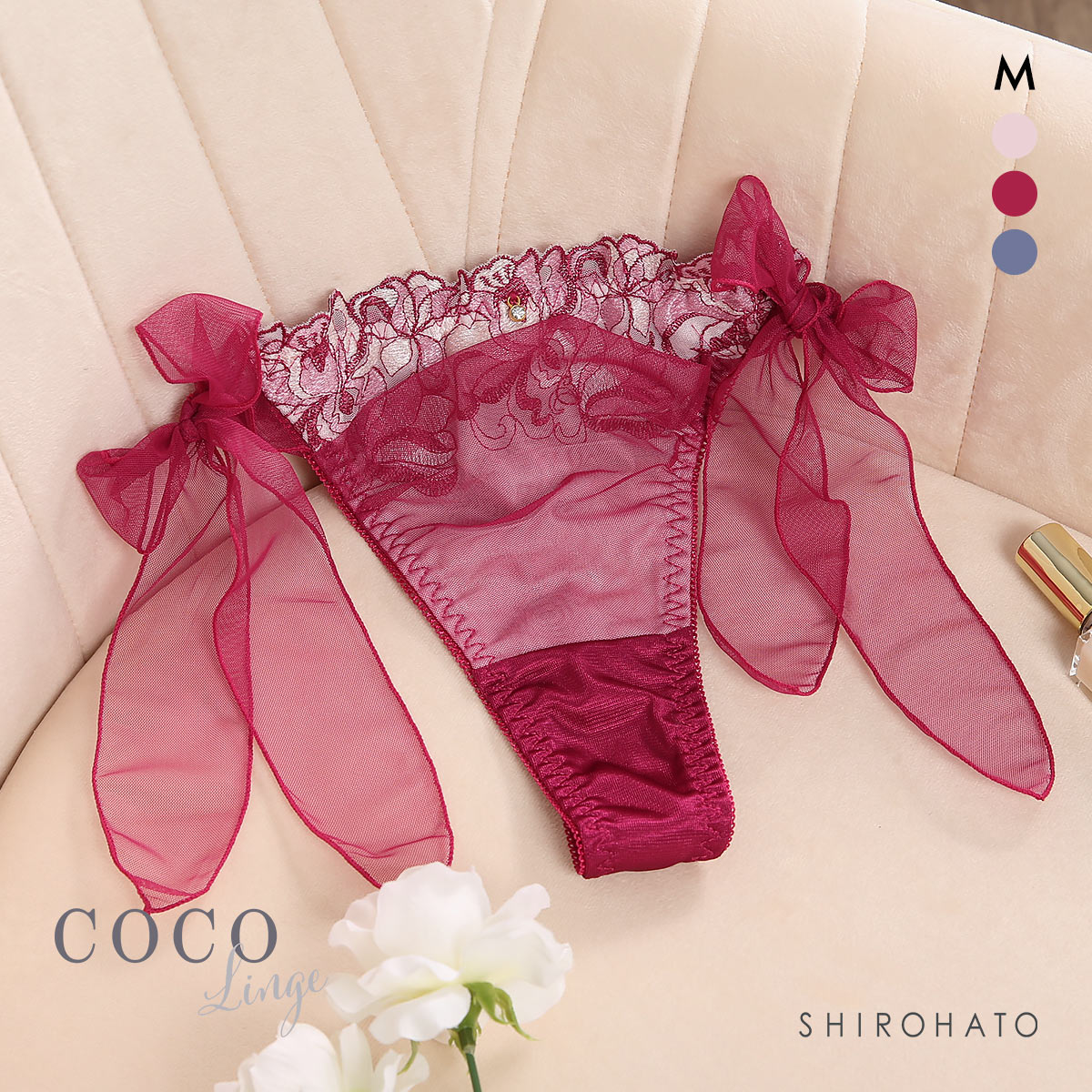 ココランジェ マルチブルーム Tバック ショーツ サイドリボン COCO Linge(WI-ワイン-M)