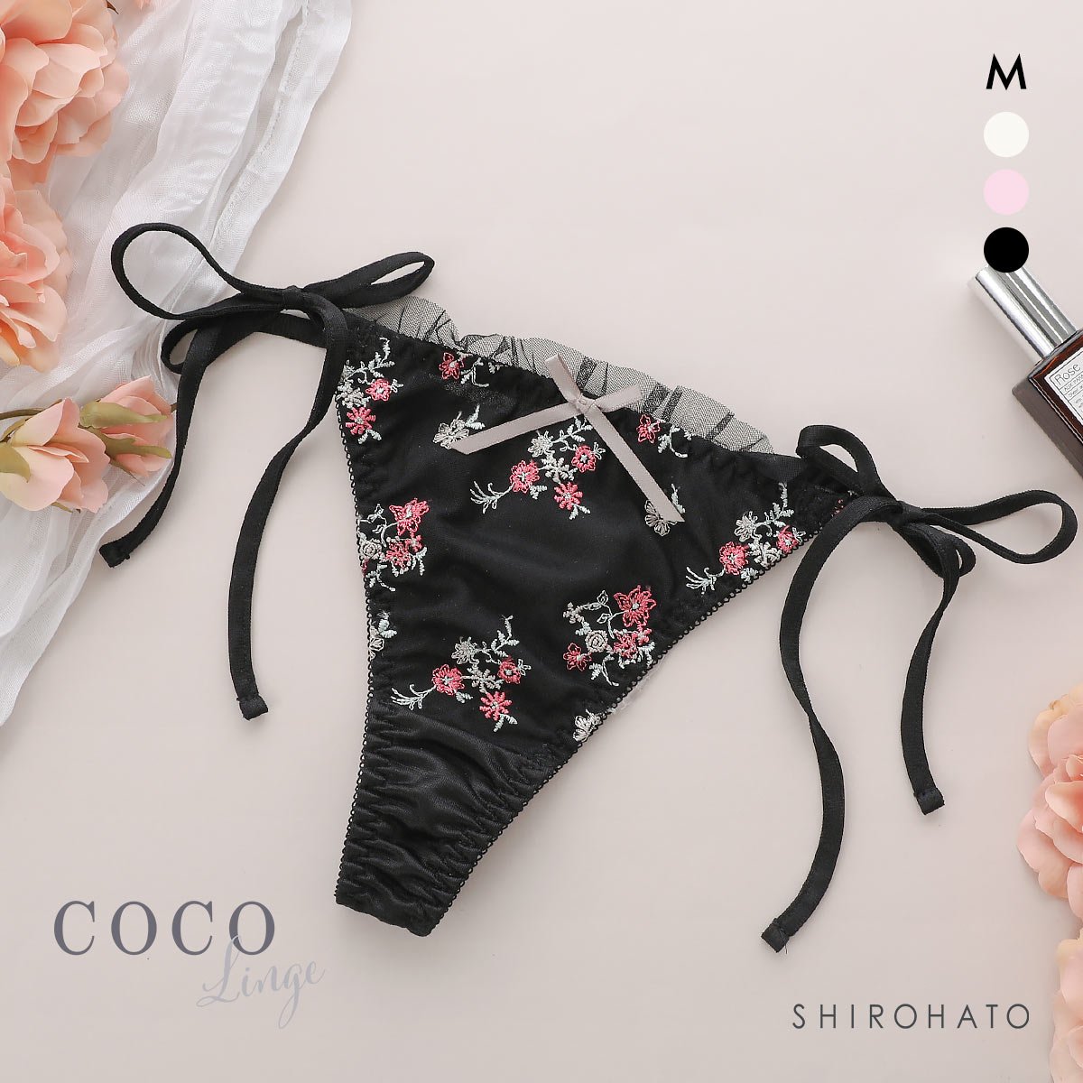 ココランジェ プチフラワーメロー Tバック ショーツ COCO Linge(BK-ブラック-M)