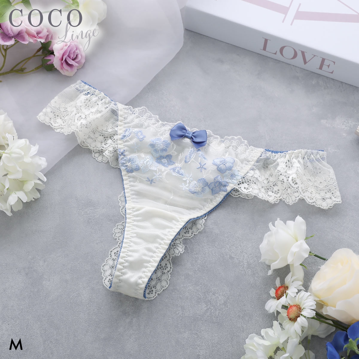 ココランジェ ファンシーフルール Tバック 総レース バックレース ショーツ COCO Linge(BU-ブルー-M)