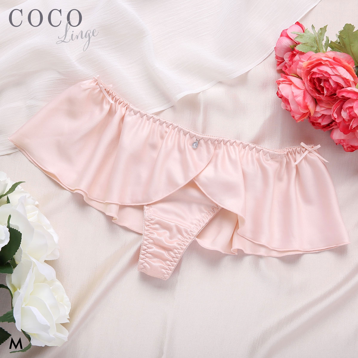 ココランジェ サテンローズアップリケ Tバック ショーツ フレア スカート 単品 COCO Linge(PI-ピンク-M)
