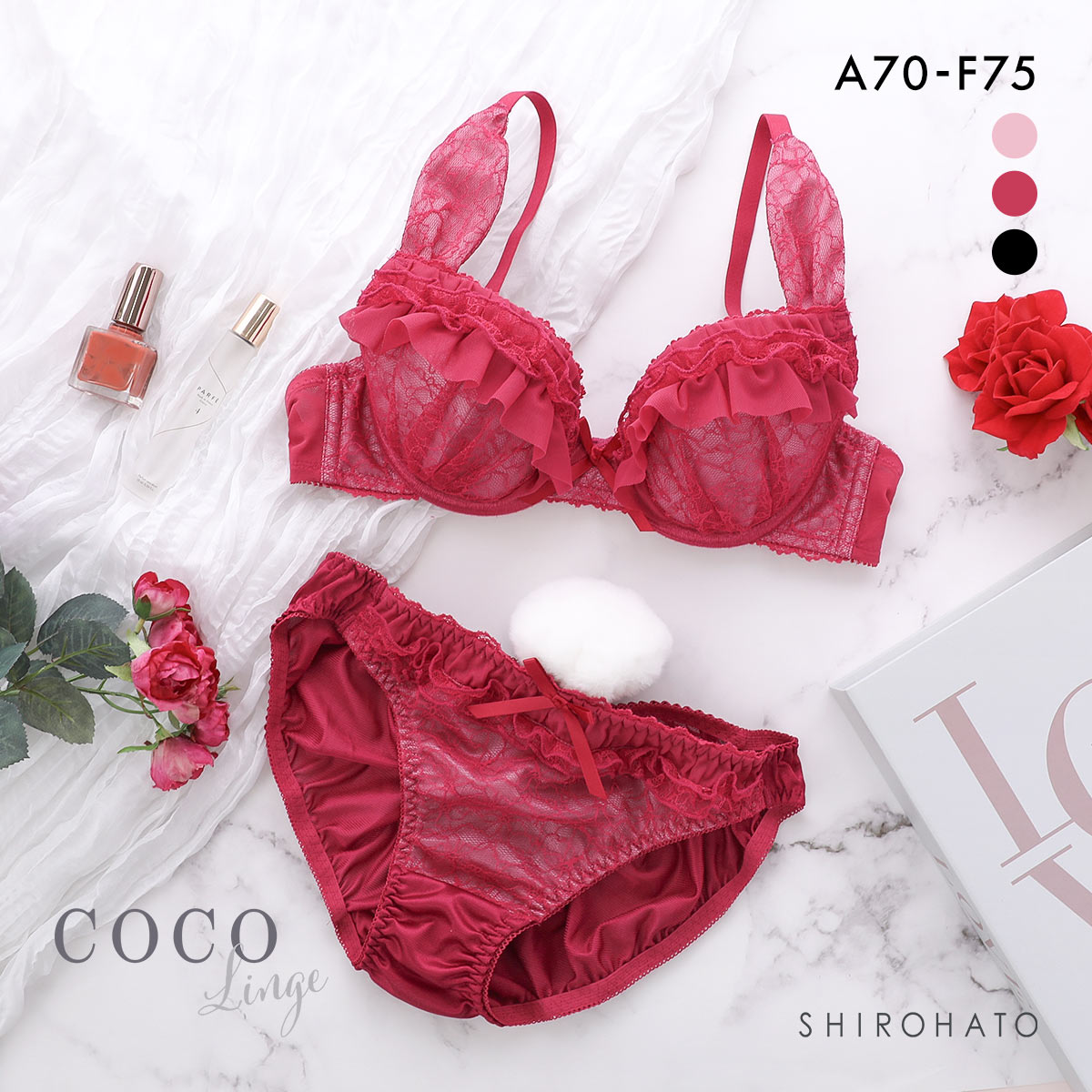 ココランジェ レーシーフリルバニー ブラジャー ショーツ セット COCO Linge(RE-レッド-A70-M)