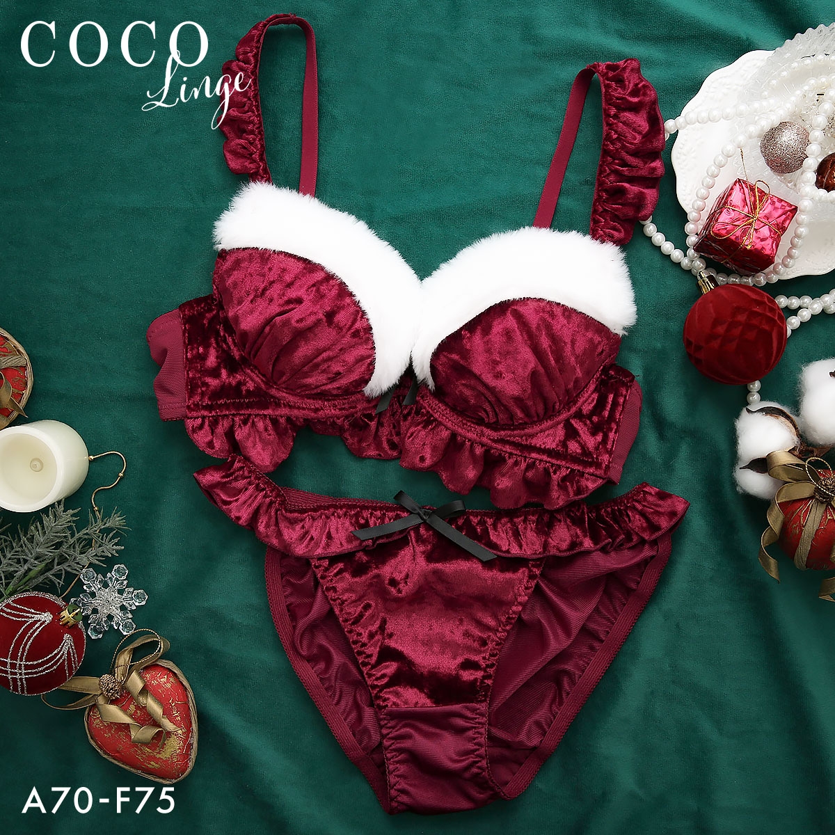 ココランジェ クリスマスサンタ ブラジャー ショーツ セット 大きいサイズ COCO Linge(RE-レッド-A70-M)