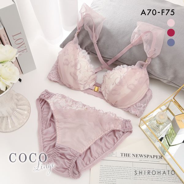 ココランジェ マルチブルーム ブラジャー ショーツ セット フロントホック COCO Linge 大きいサイズ(PGY-ピンクグレー-A70-M)