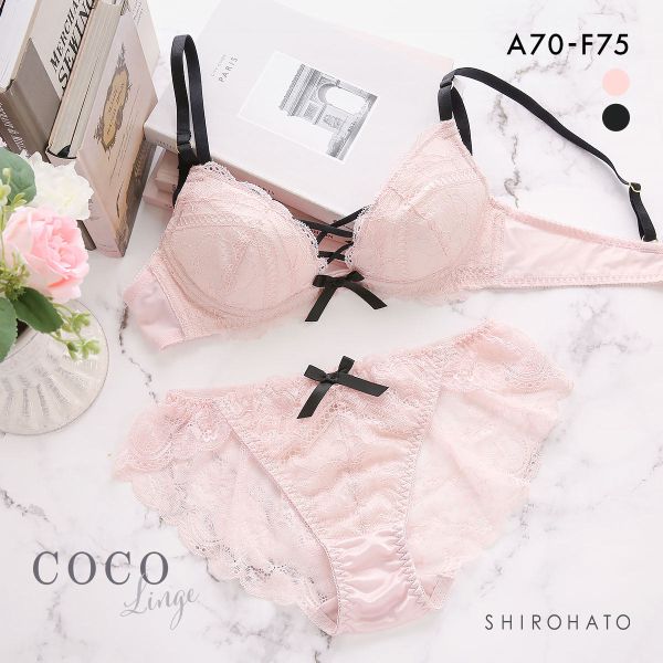 ココランジェ スモーキーレースアップ ブラジャー ショーツ セット 総レース バックレース 谷間 大きいサイズ(PI-ピンク-A70-M)