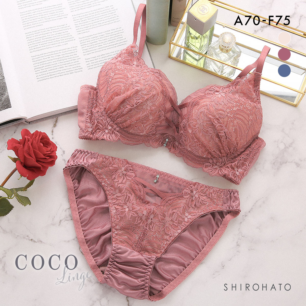 ココランジェ グラマラスコード カシュクール ブラジャー ショーツ セット モールド 脇高 脇肉 レース 谷間 COCO Linge 大きいサイズ(RO-ローズ-A70-M)
