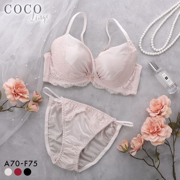 ココランジェ シャイニースムース カシュクール ブラジャー ショーツ セット モールド 脇高 脇肉 レース COCO Linge 大きいサイズ