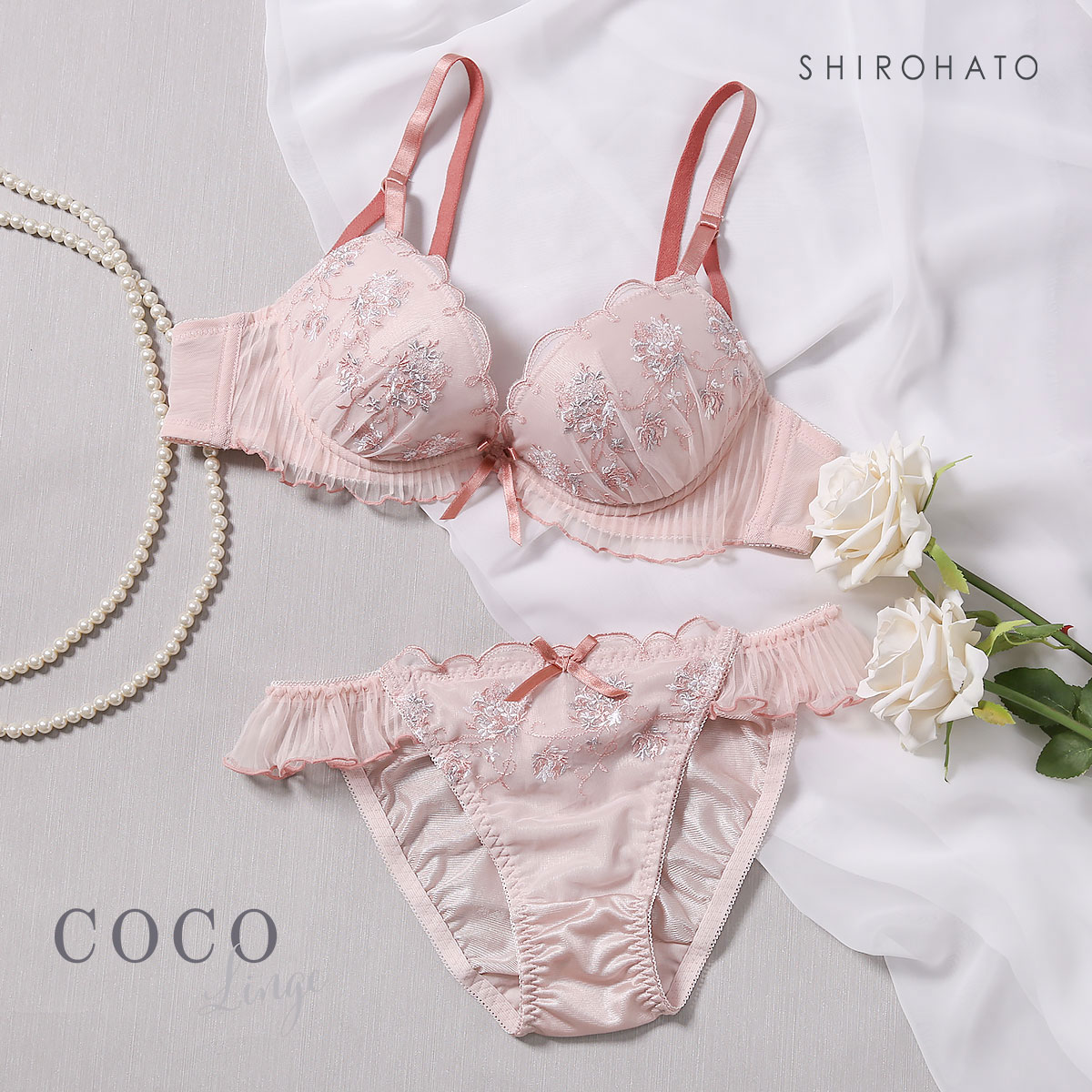 ココランジェ COCO Linge ガーデンアーチブーケ ブラジャー ショーツ セット(PI-ピンク-A70-M)
