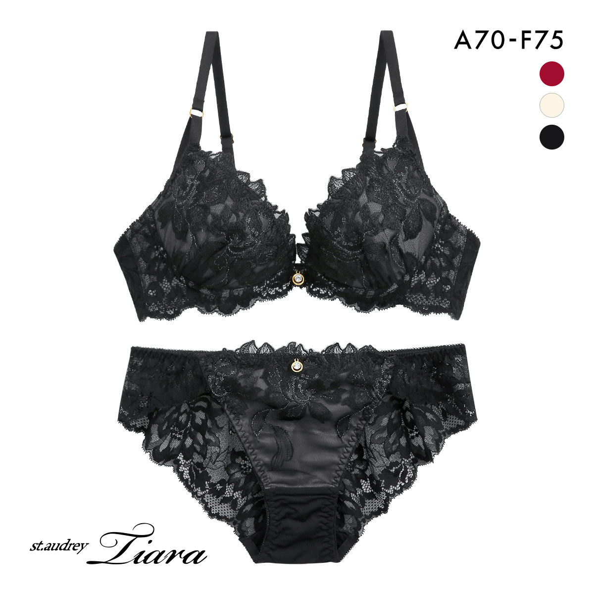 セントオードリー ティアラ ピュアセダクション 3/4カップ ブラジャー ショーツ セット ABCDEF バックレース St.Audrey tiara(BK-ブラック-A70-M)