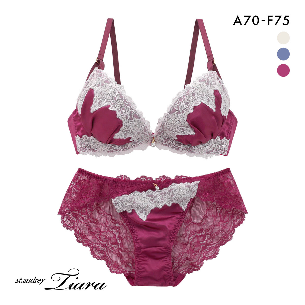 セントオードリー グロリアスジュエリー ブラジャー ショーツ セット バックレース 谷間メイク ダブルパッド St.Audrey tiara(WI-ワイン-A70-M)