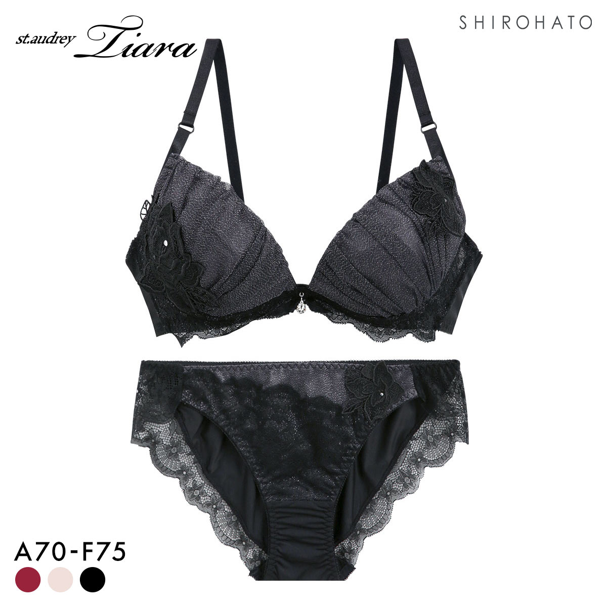 セントオードリー ティアラ ダズリンローズ 3/4カップ ブラジャー ショーツ セット ABCDEF バックレース St.Audrey tiara(BK-ブラック-A70-M)