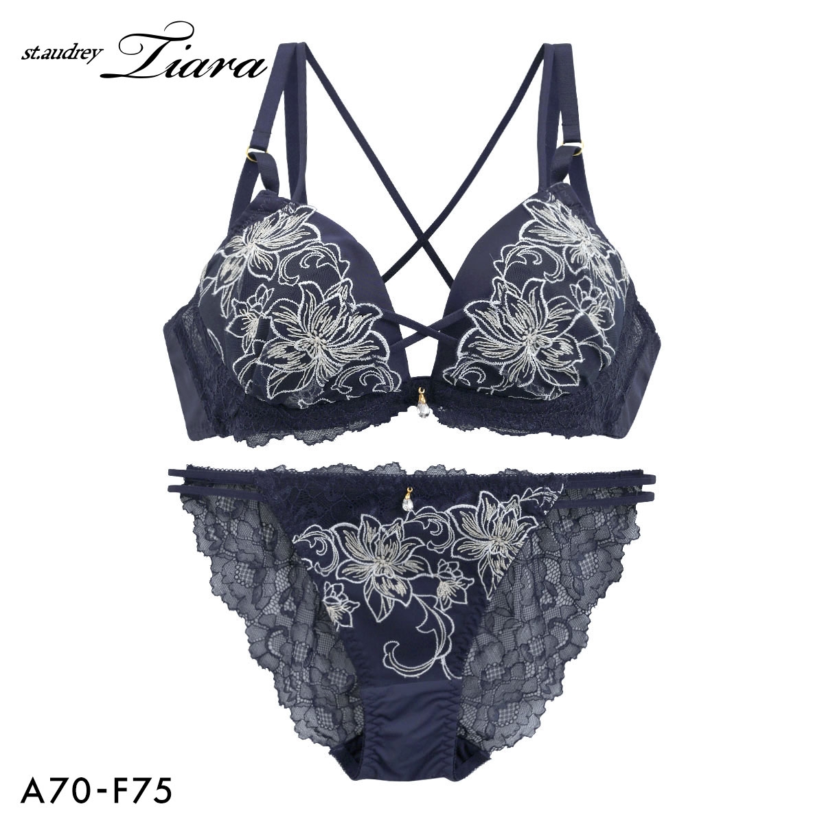 セントオードリー ティアラ グラマラスフラワーコード 3/4カップ ブラジャー ショーツ セット ABCDEF バックレース St.Audrey tiara(NV-ネイビー-A70-M)