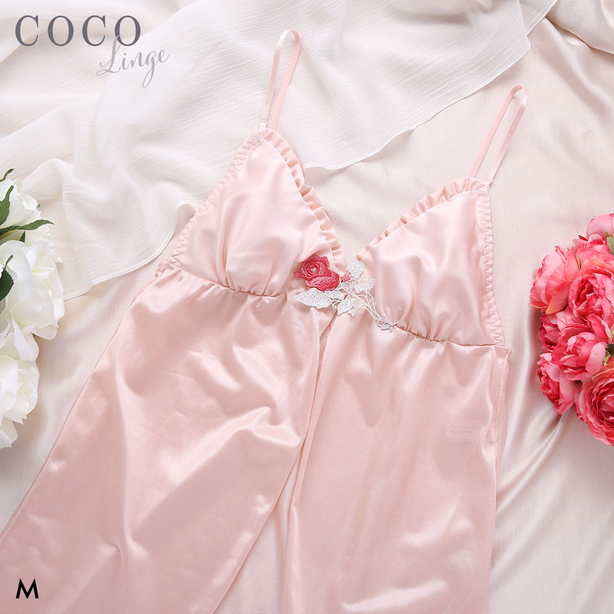 ココランジェ サテンローズアップリケ ベビードール ランジェリー COCO Linge(PI-ピンク-M-70)