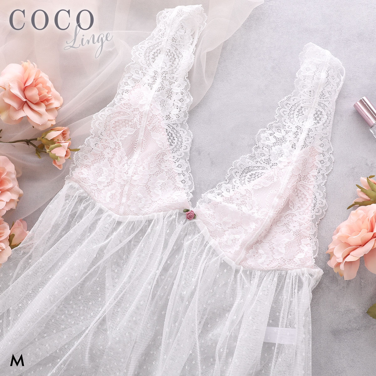 ココランジェ ローズクチュール スリップ ベビードール ロングキャミソール 75cm ランジェリー COCO Linge(WH-ホワイト-M-70)