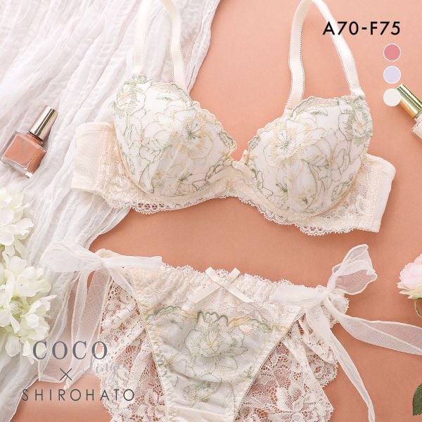 ココランジェ COCO Linge フラワリーステッチレース ブラジャー サイドリボン ショーツ セット 総レース SHIROHATO別注 バックレース