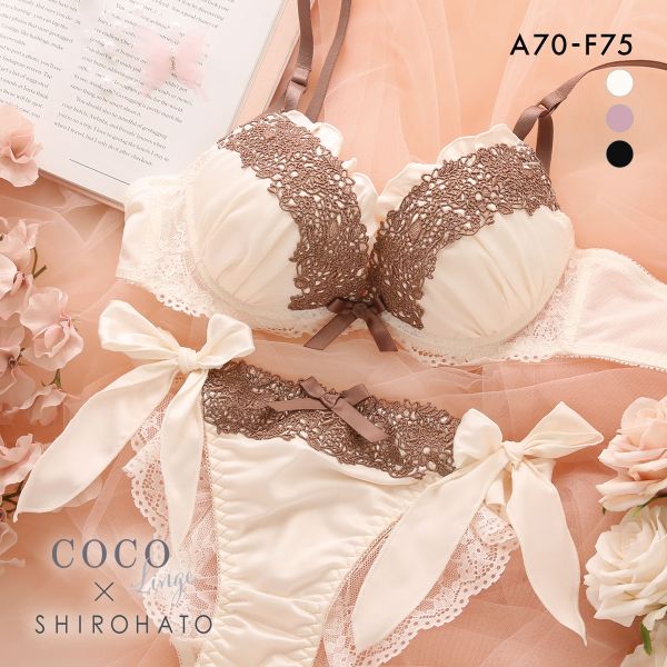 ココランジェ アンティークフラワーサテン ブラジャー ショーツ セット SHIROHATO別注 谷間 サイドリボン バックレース COCO Linge