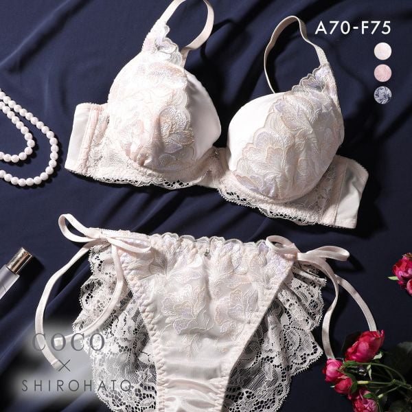ココランジェ ガーデンレースサテン ブラジャー サイドリボン ショーツ セット 総レース SHIROHATO別注 バックレース COCO Linge