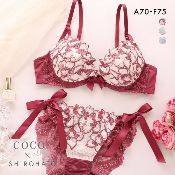 ココランジェ フラワージュエル ブラジャー ショーツ セット SHIROHATO別注 谷間 サイドリボン バックレース COCO Linge