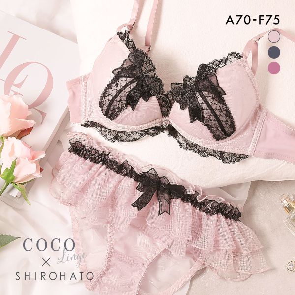 ココランジェ ガーリードットリボン ブラジャー ショーツ セット SHIROHATO別注 谷間 バックレース COCO Linge(PI-ピンク-A70-M)