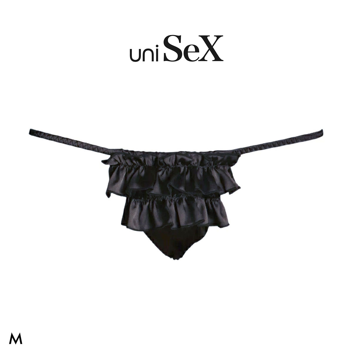 ユニセックス uniSeX Satin フリルふんどし風Gストリング Tバック ショーツ ジェンダーレス 男女兼用 TM collection 日本製(BK-ブラック-M)