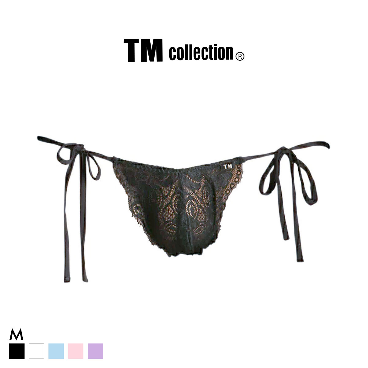 ティーエム コレクション ストレッチレース x SPヌメ2way サイドリボン TB Tバック ビキニ TM collection メンズ 前閉じ(BK-ブラック-M)