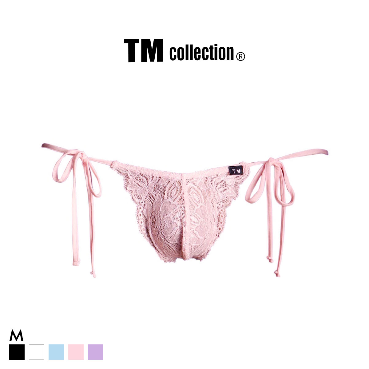 ティーエム コレクション ストレッチレース x SPヌメ2way サイドリボン TB Tバック ビキニ TM collection メンズ 前閉じ(PI-ピンク-M)