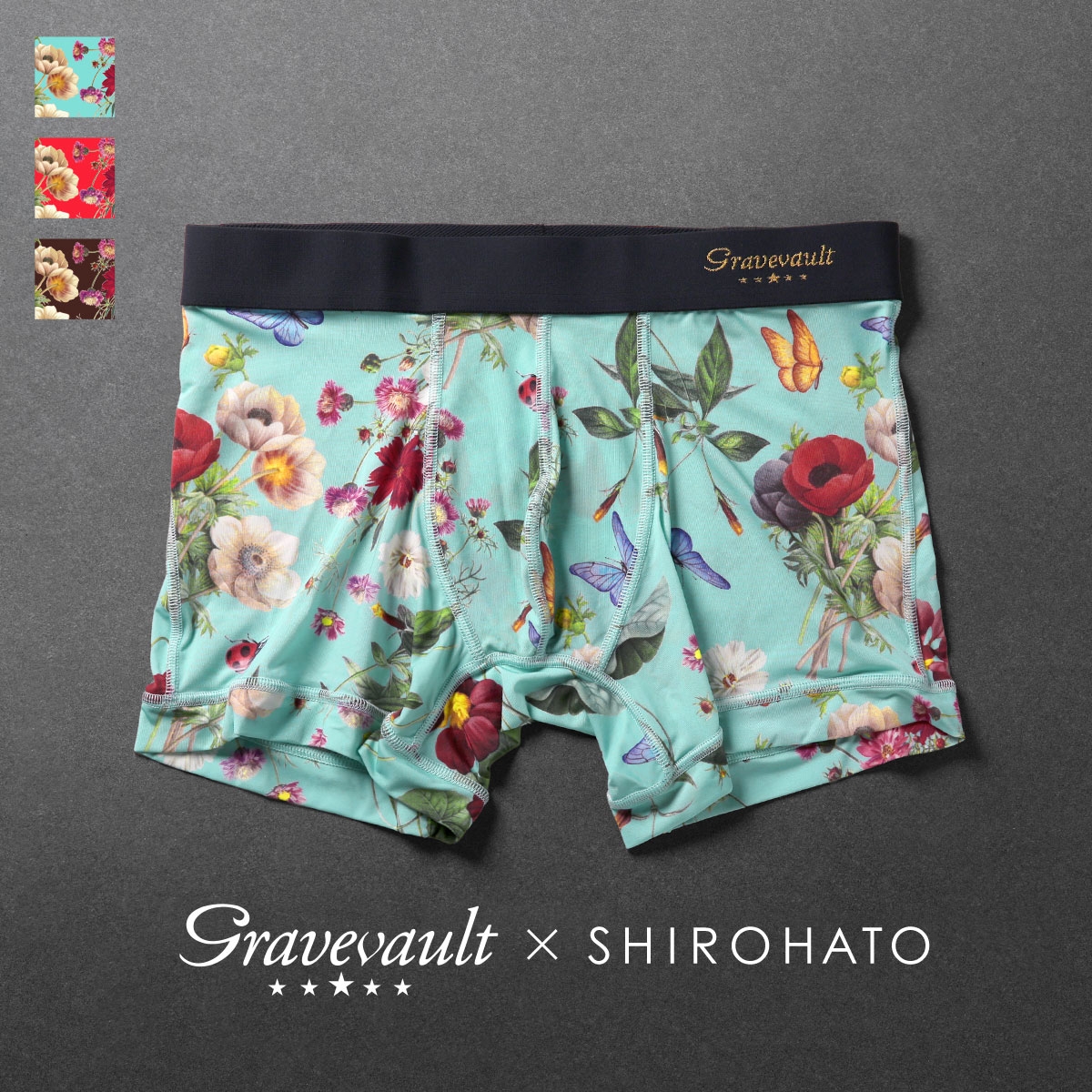 グレイブボールト Gravevault 白鳩別注 FLORA フローラ ショートボクサーパンツ ローライズ 前閉じ 花柄 日本製 3050972(TU-ターコイズ-S)