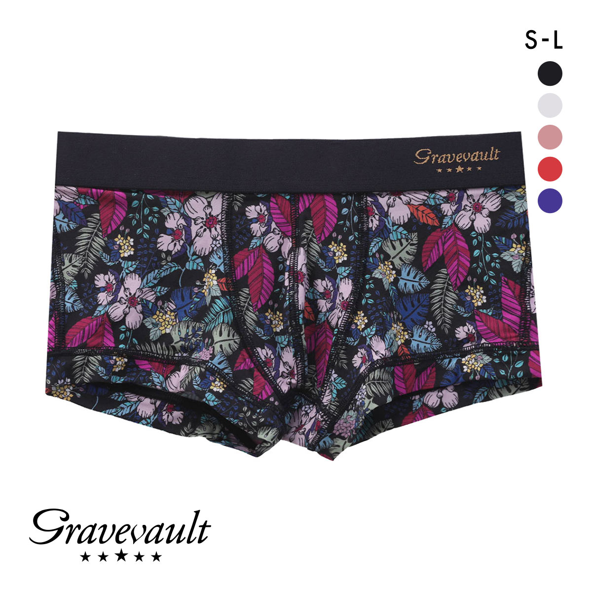 グレイブボールトGravevault WILD FLOWERS ボクサーパンツ ローライズ メンズ 前とじ S M L 3051781(BK-ブラック-S)