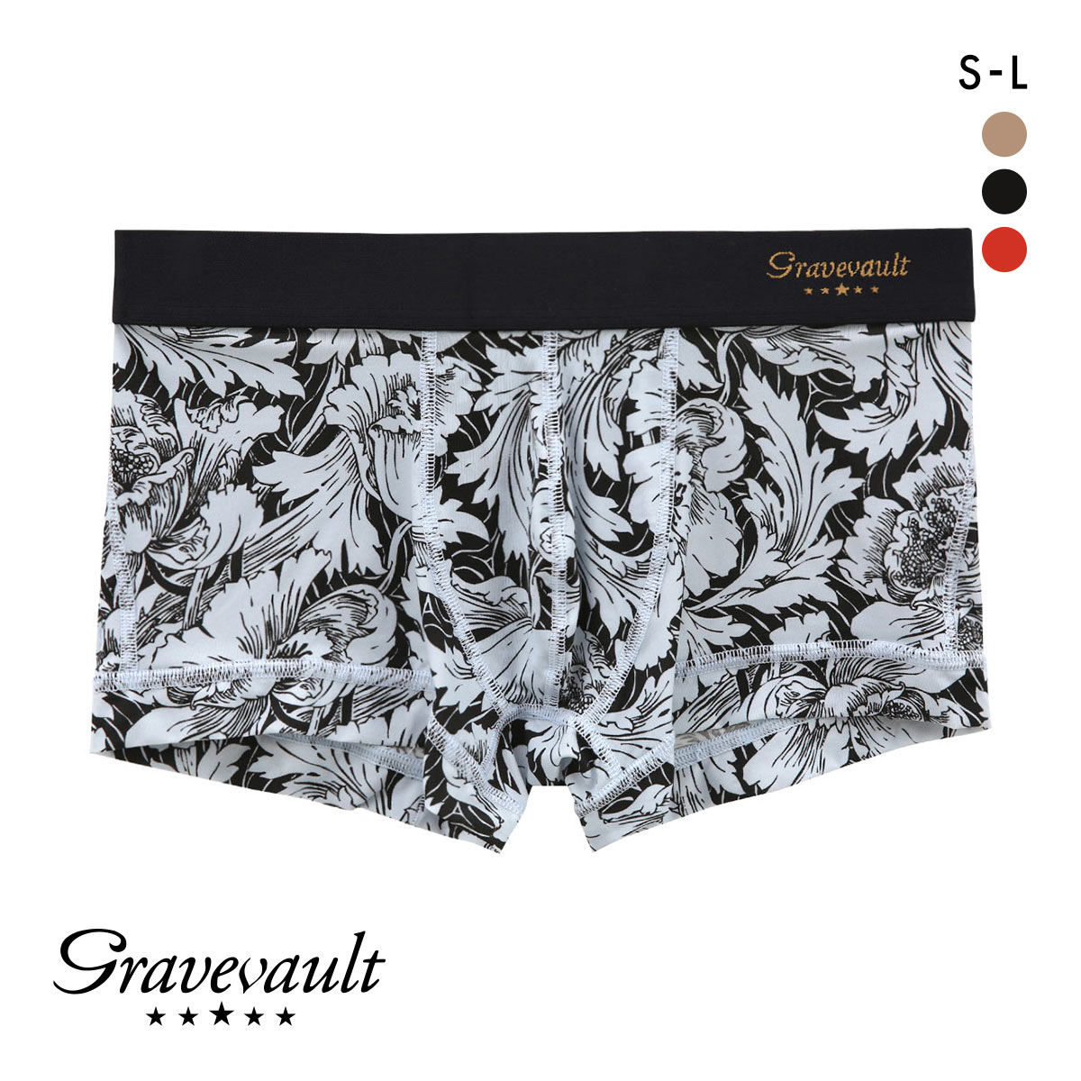 グレイブボールト Gravevault FLOWER ローライズ ボクサーパンツ メンズ 前とじ S M L(BK-ブラック-S)